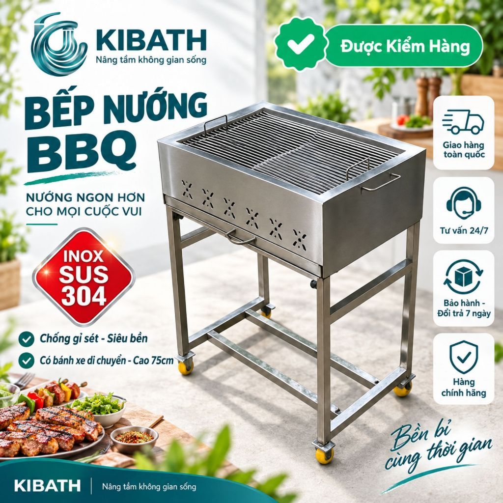 Bếp Nướng Than BBQ Ngoài Trời Có Bánh Xe Inox 304 Cao 75cm, Bếp Nướng Thịt Cho Quán Cơm Nhà Hàng