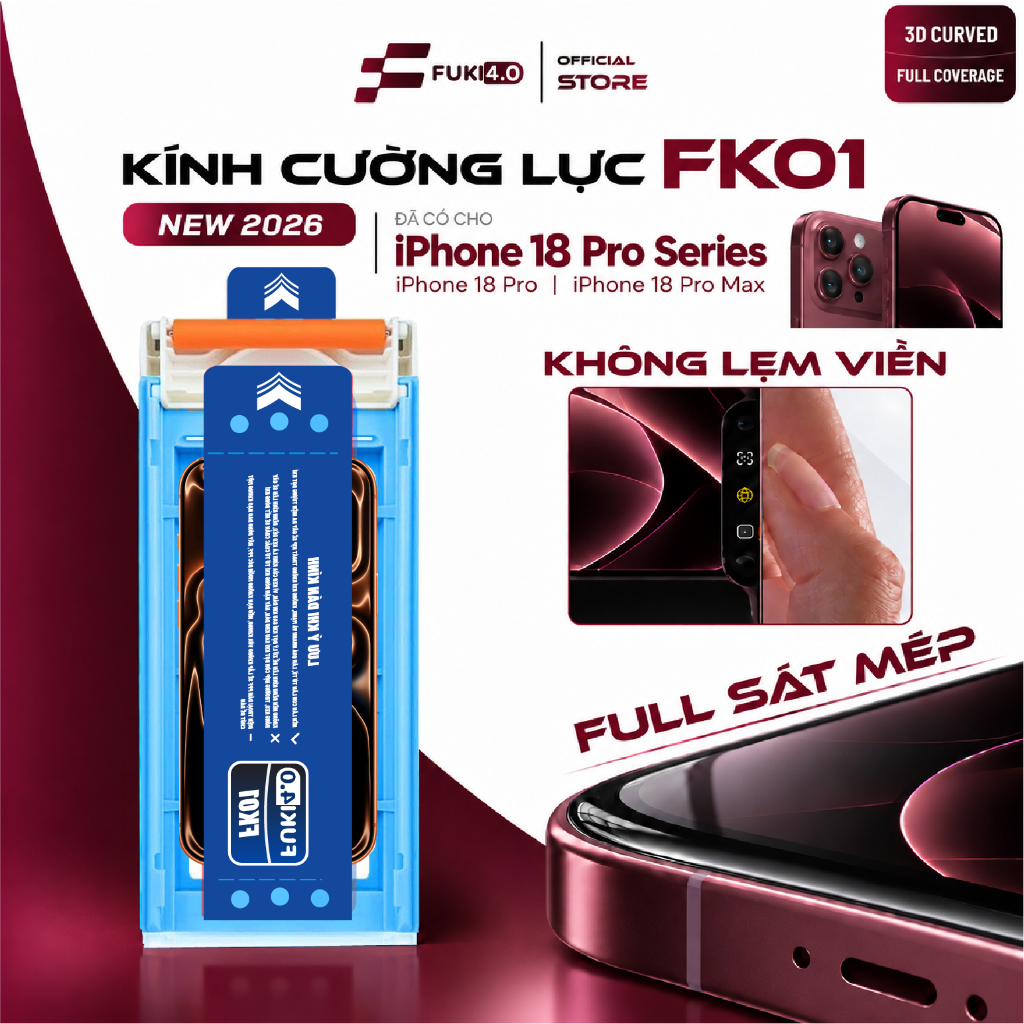 Kính cường lực cho iphone FUKI40 FK01 full màn, không lẹm viền 3D Curved ip 18 ProMax 17 16 Plus 15 PRM 15 Pro 15 14