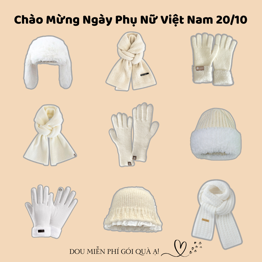 Combo Khăn Len Cashmere Quàng Cổ, Găng Tay Và Mũ Len Tone Trắng Be Nhẹ Nhàng NGÀY PHỤ NỮ VIỆT NAM 20/10 - Mã TH003