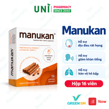 Viên Ngậm Mật Ong Manukan Cinnamon Hỗ Trợ Giảm Ho, Đau Họng, Rát Họng Từ Mật Ong, Quế, Vitamin C ( Hộp 16 viên)