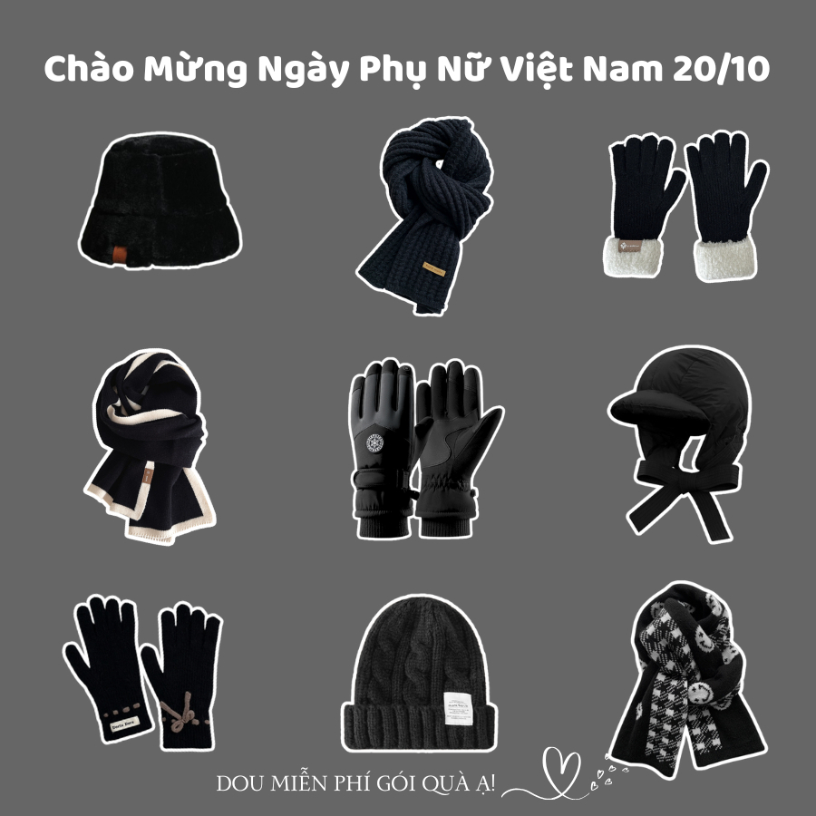 Combo Khăn Len Cashmere Quàng Cổ, Găng Tay Và Mũ Len Unisex Tone Đen Huyền Bí NGÀY PHỤ NỮ VIỆT NAM 20/10 - Mã TH002