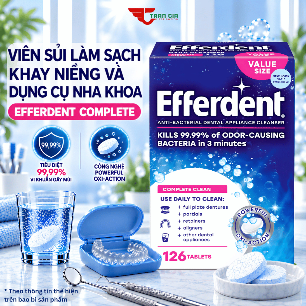 Viên Sủi Làm Sạch Khay Niềng Efferdent Complete Clean – Vệ Sinh Hàm Duy Trì Retainer, Răng Giả, Dụng Cụ Nha Khoa