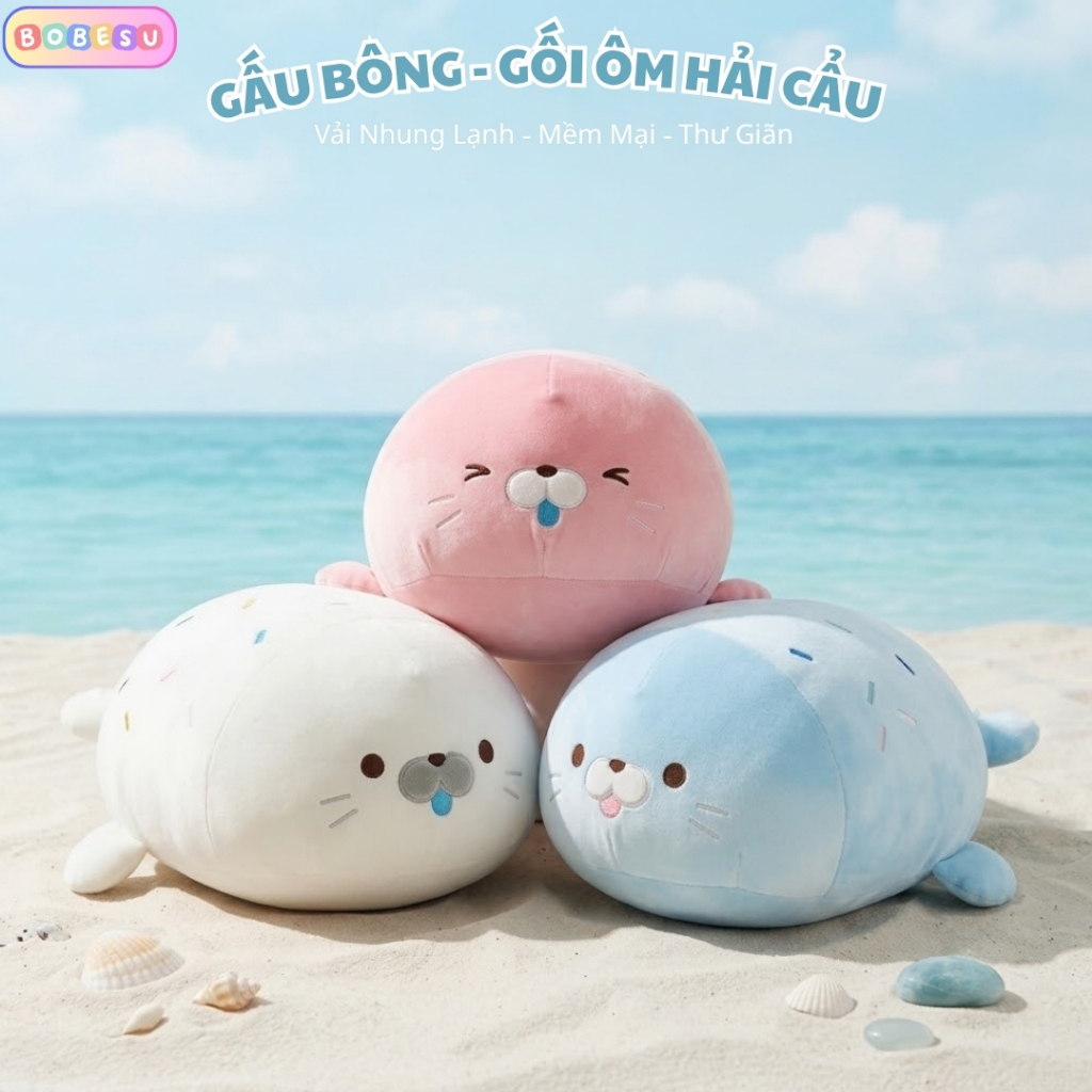 Gấu Bông Hải Cẩu Béo Tròn Siêu Đáng Yêu, Gối Ôm Hải Cẩu Vải Nhung Lạnh Cao Cấp Làm Gối Ngủ,Tựa Lưng