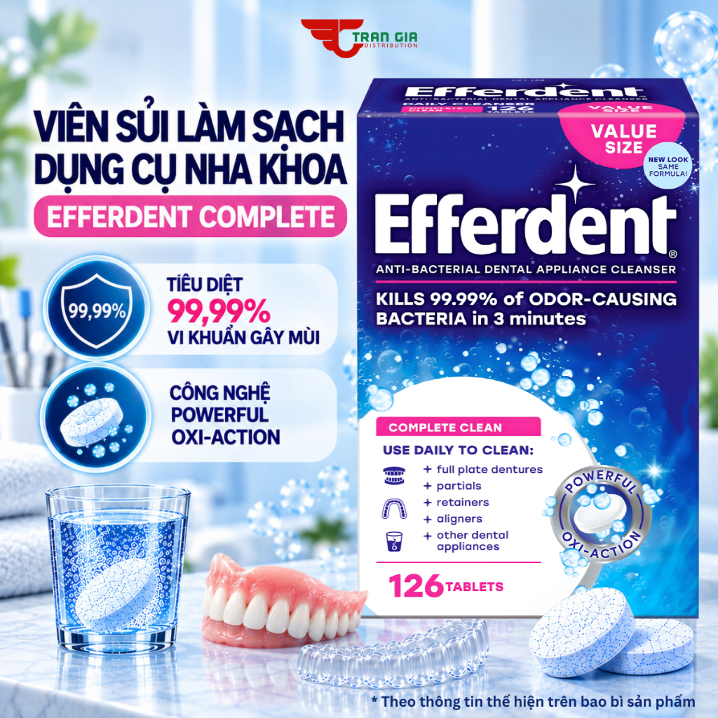 Viên Sủi Efferdent Complete Clean Giảm Mùi Hôi – Làm Sạch Khay Niềng Invisalign, Hàm Duy Trì Retainer, Răng Giả
