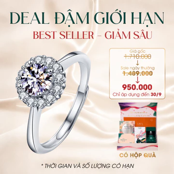 [FREESIZE] Nhẫn Kim Cương Moissanite Bạc S925 2 Carat Hoa Hướng Dương, Set Quà Tặng Trang Sức Cho Nữ, Hộp Quà Sẵn Thiệp