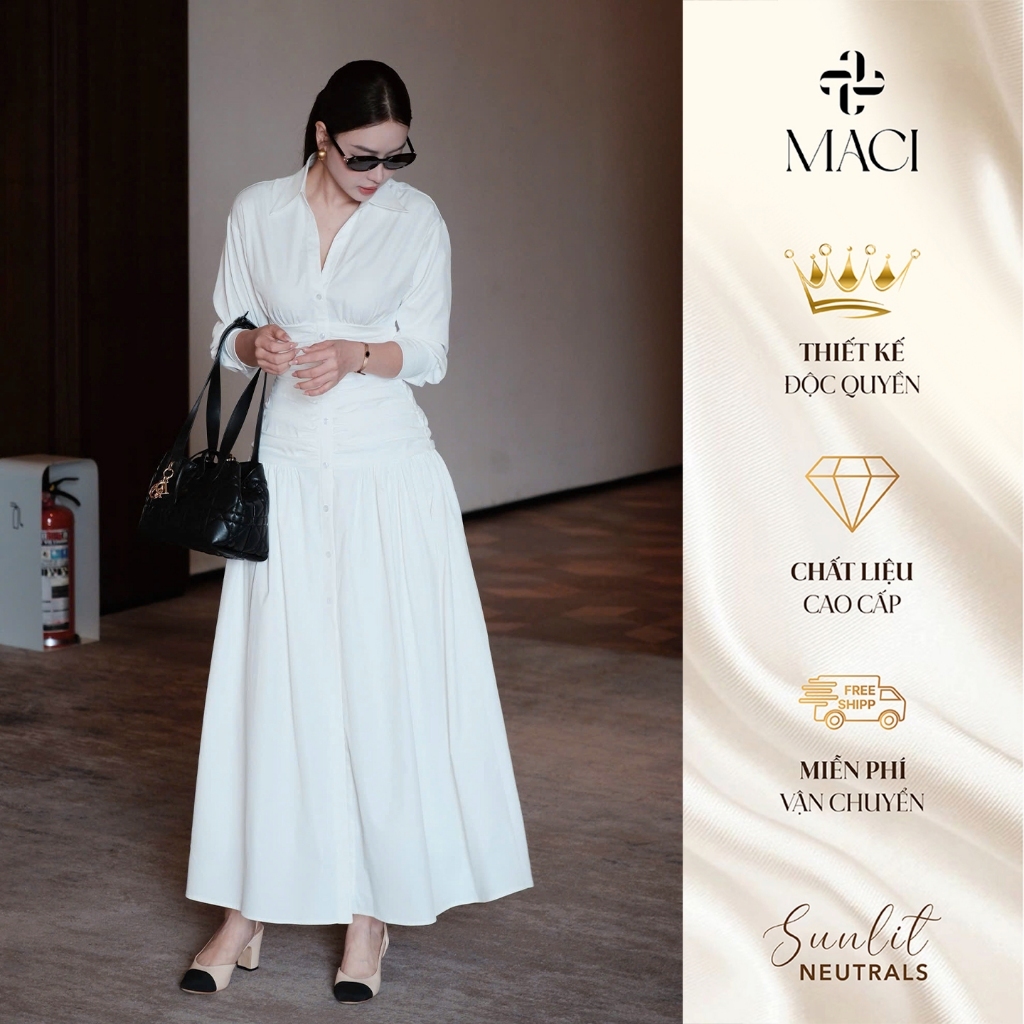 Đầm Sơ Mi Dáng Dài Nhún Eo 2 Lớp Chất Kaki Lạnh MACI MCVVATR0410 Thời Trang Nữ Thiết Kế Độc Quyền