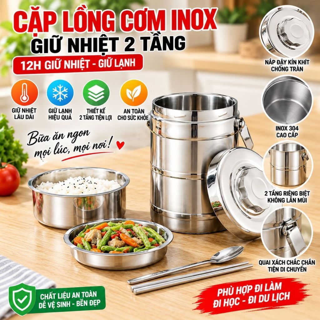 CẶP LỒNG INOX 304 GIỮ NHIỆT 2.2 LÍT - Cà Men Đựng Cơm Cao Cấp