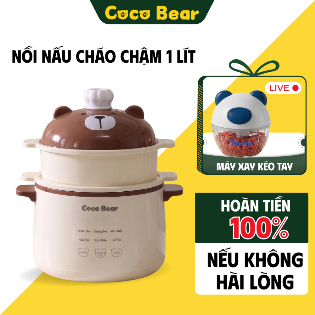 Nồi Nấu Cháo Chậm Cho Bé Ăn Dặm Coco Bear 1L Tặng Kèm Thố Sứ 0.5L – Hầm, Hấp, Chưng Yến Cách Thủy, Bảo Hành 18 Tháng