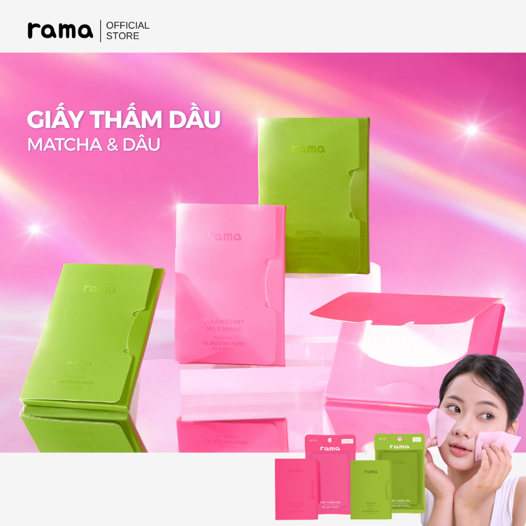 [Combo mix 2 vị] Giấy thấm dầu Trà xanh & Hoa hồng RAMA (Matcha Latte/Strawberry Milkshake) - 80 tờ/hộp