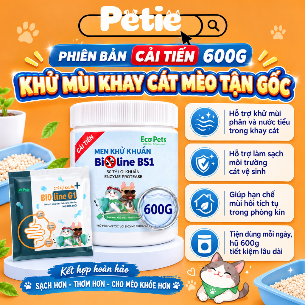 Hũ[600g]Men Bioline BS1 Men KHỬ MÙI VÀ KHỬ KHUẨN trong Cát Mèo EcoPets-Bảo Vệ Boss&Sen//