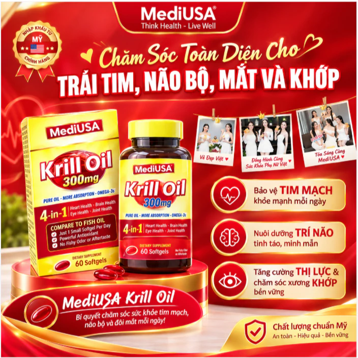 MediUSA Krill Oil Dầu Nhuyễn Thể - Hỗ trợ sức khoẻ toàn diện - Tim mạch, não bộ, xương khớp và mắt