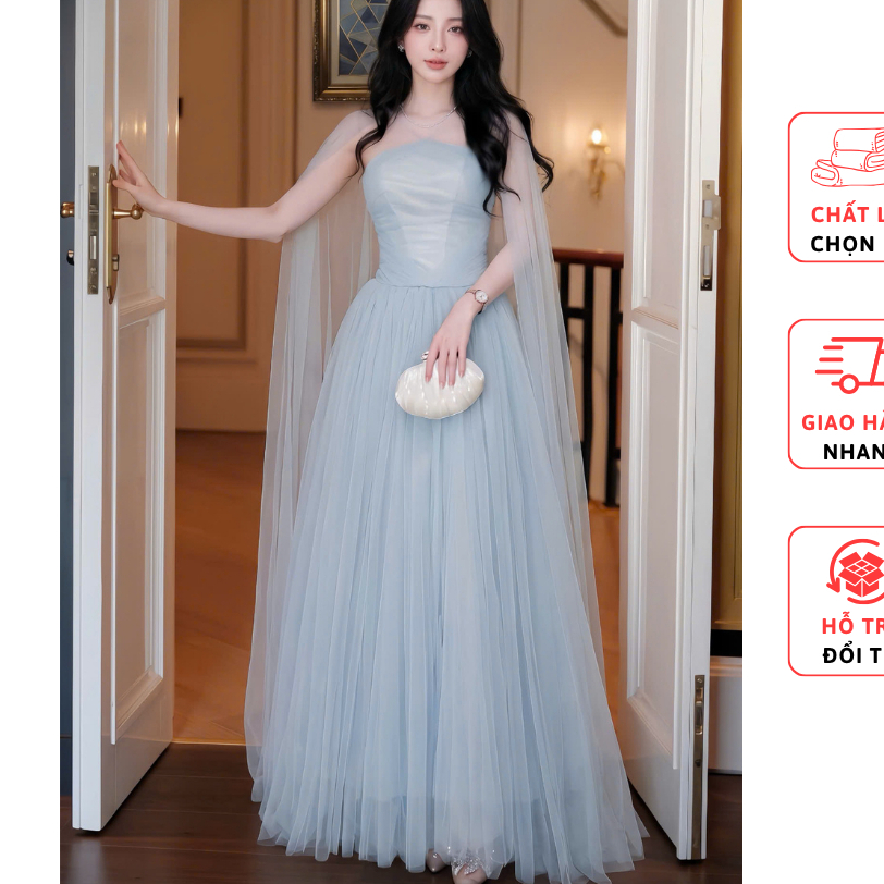Đầm váy dự tiệc dạ hội Tisora cổ yếm lưới kết kim sa may tỉ mỉ phối choàng vai xòe bồng sang trọng D204