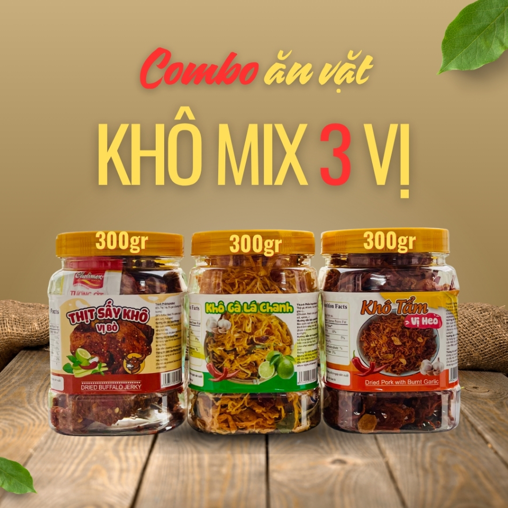 Combo 3 loại khô [300gr Khô vị bò + 300gr Khô gà lá chanh ( gà bơ tỏi ) + 300gr Khô vị heo ] - Snack ăn vặt