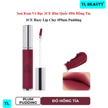 3CE Hazy Lip Clay #PLUM PUDDING - Son Kem 3CE Hàn Quốc Vỏ Bạc Màu #Đỏ Hồng Tía – 4.0g