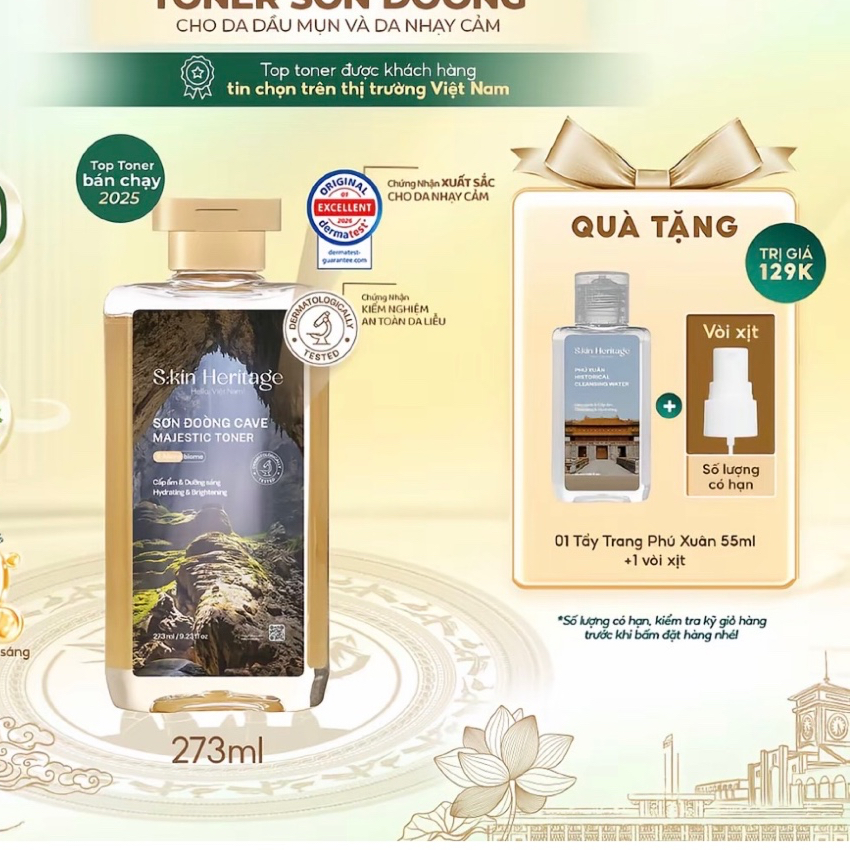 Toner Sơn Đoòng Skin Heritage hỗ trợ cấp ẩm, dưỡng sáng cung cấp 60 Lợi Khuẩn cho da nhạy cảm, da dầu mụn 273ml