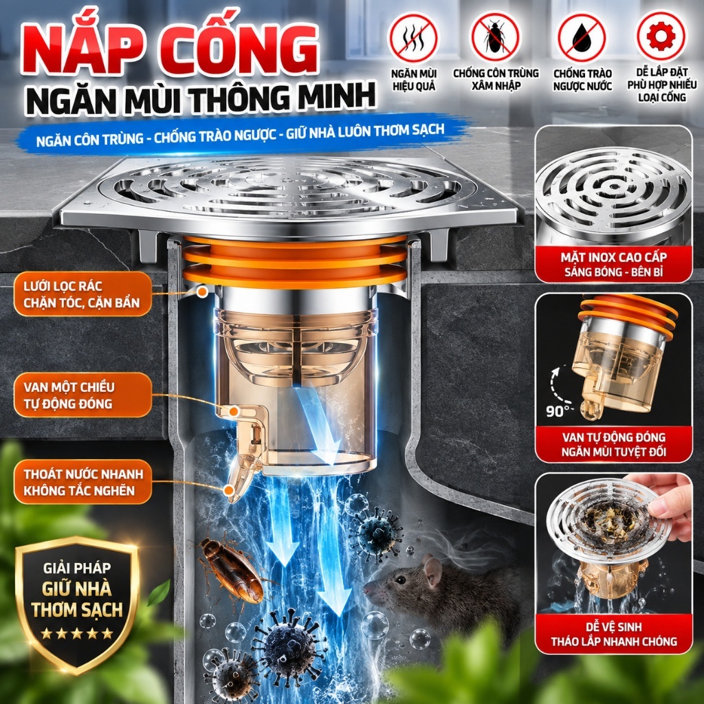 [COMBO 10 LẮP CHỐNG MÙI] NẮP CHẶN LỖ CỐNG THOÁT SÀN MỘT CHIỀU CHỐNG MÙI HÔI CÔN TRÙNG - Bịt cống chặn mùi hôi cống