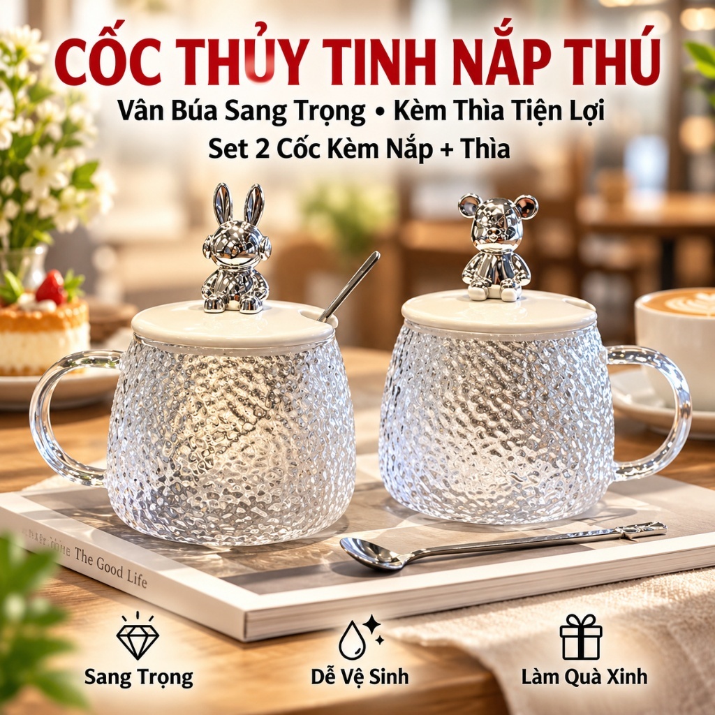 (COMBO 5) CỐC GẤU THỦY TINH nhiệt chống nứt 500ml – Nắp hình gấu ngộ nghĩnh, muỗng tiện lợi