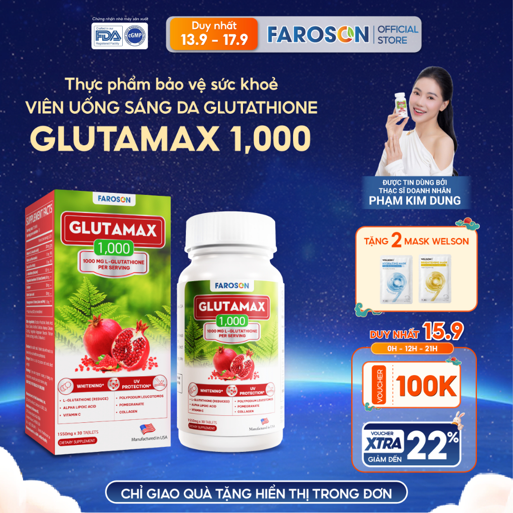 TPBVSK Viên Uống Trắng Da Glutathione Faroson Glutamax 1000 Sáng Da Giảm Nám Chống Nắng Hộp 30 Viên