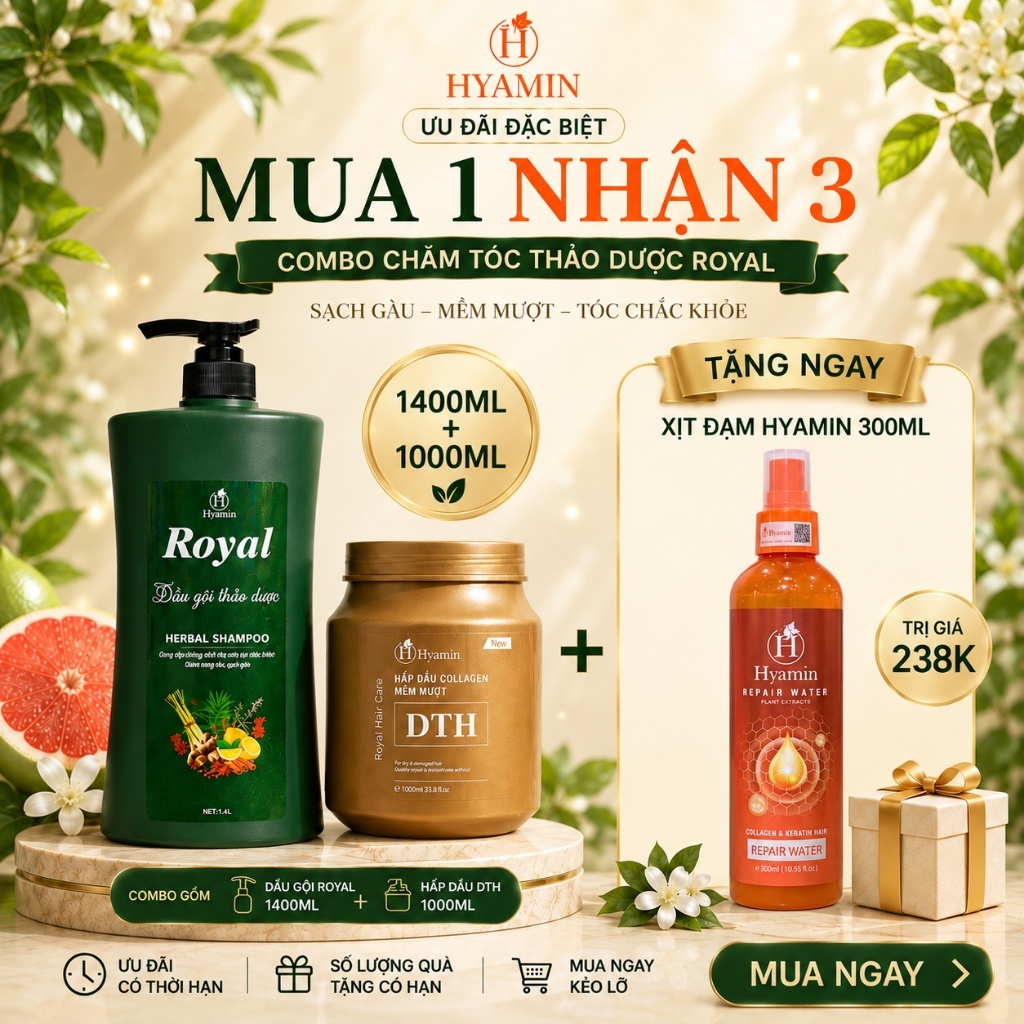  Bộ Sản Phẩm Hyamin Dầu Gội Thảo Dược 1400ML Sạch Gàu Và Kem Ủ Tóc Collagen Hyamin Mềm Mượt 1000ML