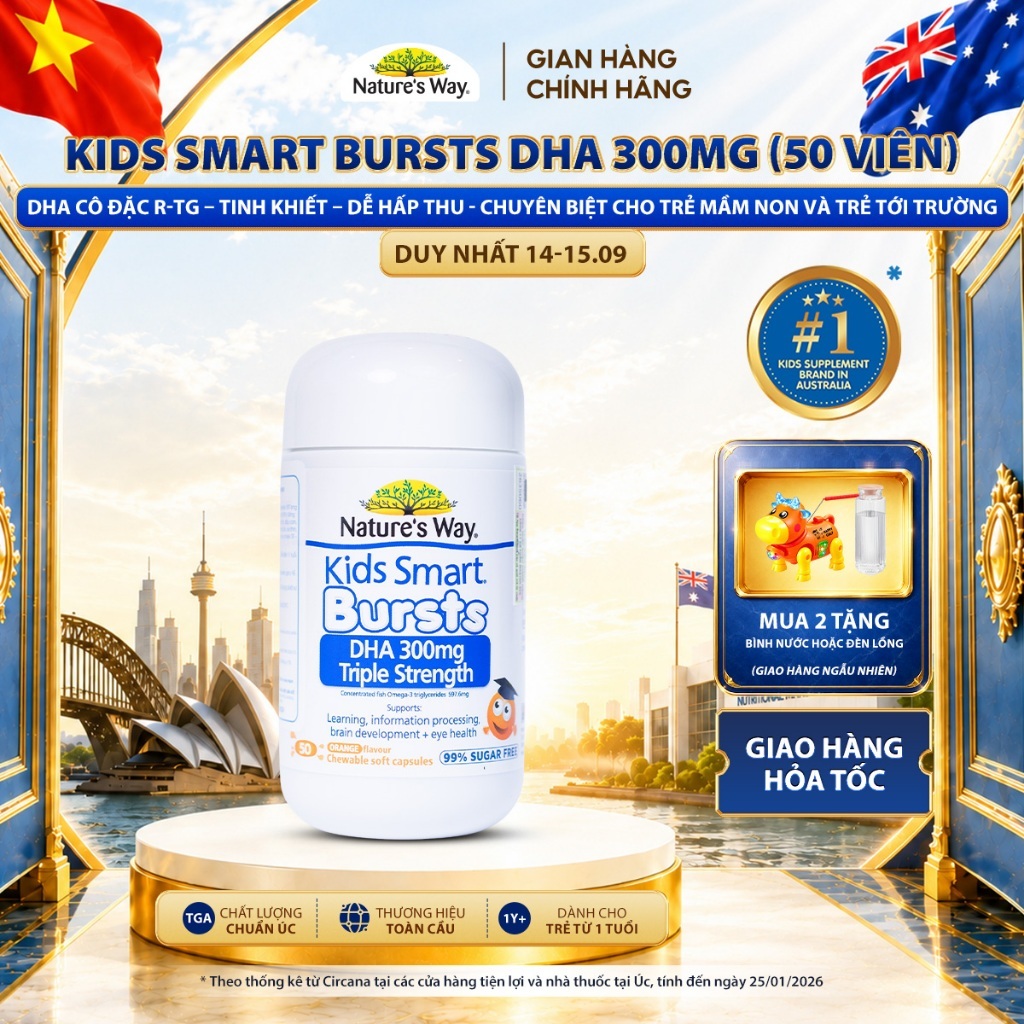 DHA 300mg Nature's Way Kids Smart Triple Strength Bổ Sung DHA Hàm Lượng Cao, Omega 3 RTG Cô Đặc Cho Bé 50 Viên