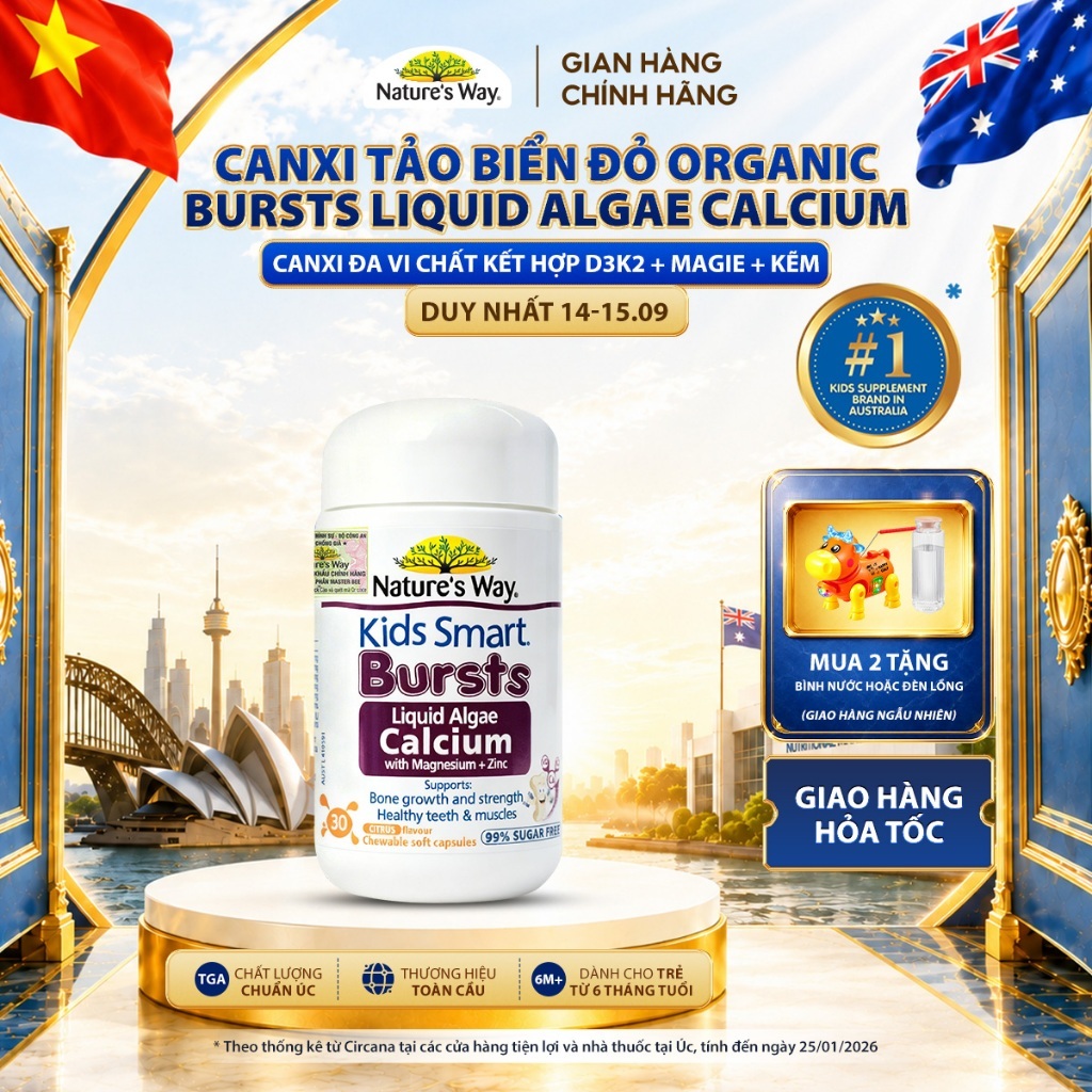 Viên Nhai Canxi Nature's Way Canxi Tảo Biển Đỏ Organic, Canxi đa vi chất Aquamin F Kết hợp D3K2, Magie, Kẽm Cho Bé 30v