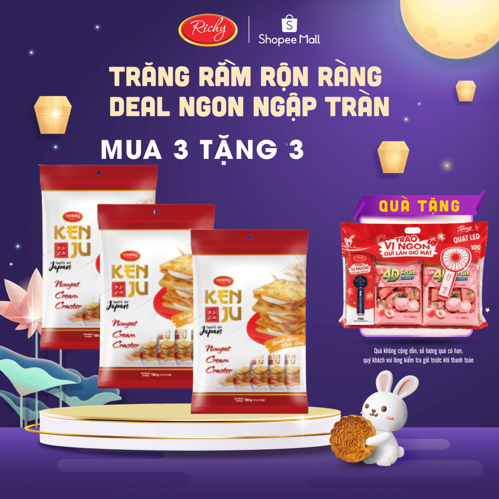 [TẶNG QUÀ ĐƠN TỪ 135K]  Combo 3 Bịch Kenju kem dẻo 186G, bánh kẹo Richy back to school
