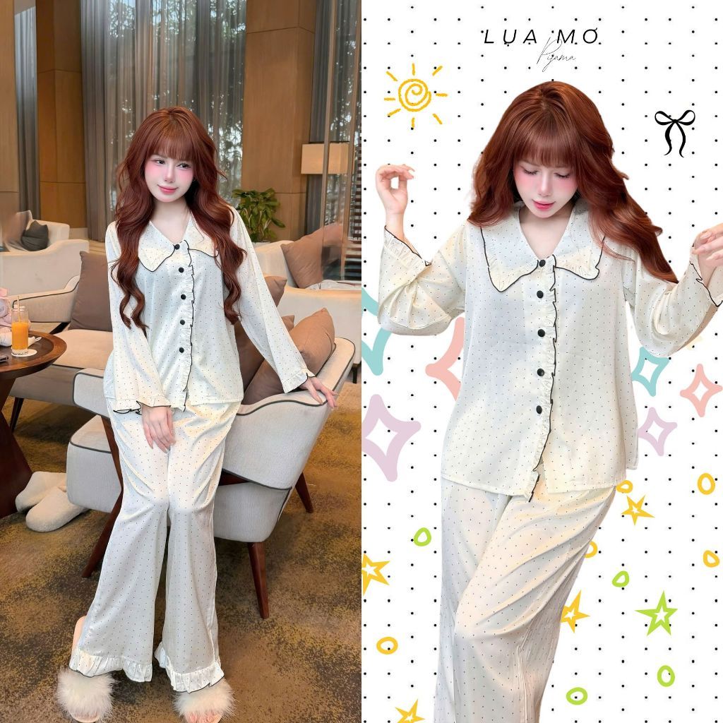 Pijama Tay Dài Tiểu Thư Phối Bèo Họa Tiết Basic Vải Lụa Latin Cao Cấp - Đồ bộ Lụa Mơ LM225