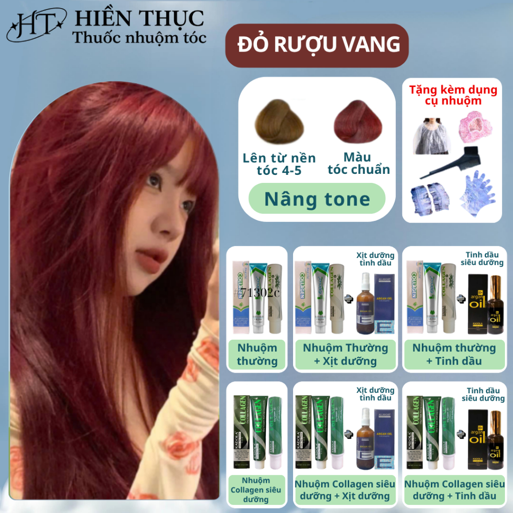 Thuốc nhuộm tóc màu Đỏ Rượu Vang tặng kèm dụng cụ nhuộm | Thuốc nhuộm tóc Hiền Thục