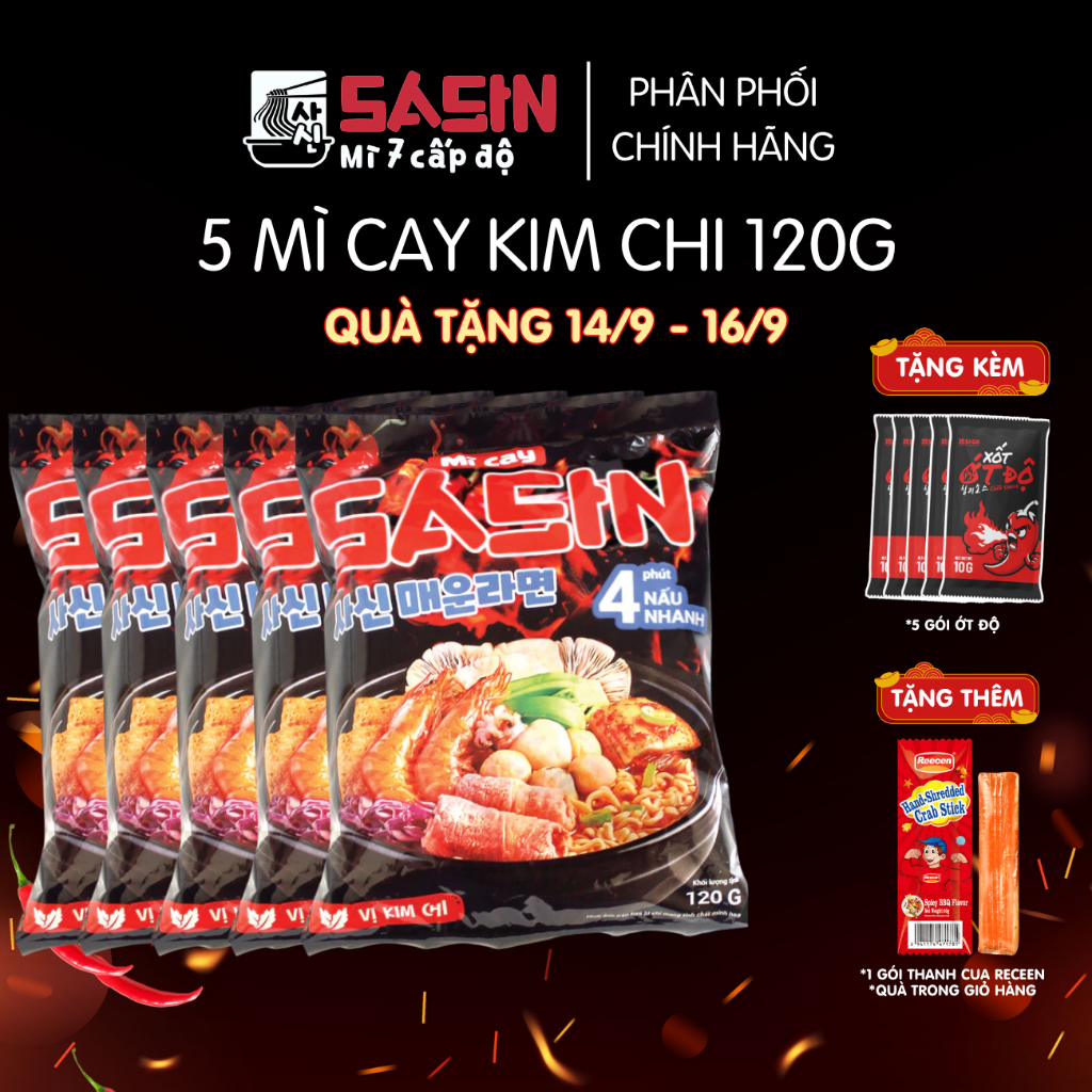 Combo 5 gói mì cay Sasin vị KIM CHI 120g + 5 gói xốt ớt độ 10g