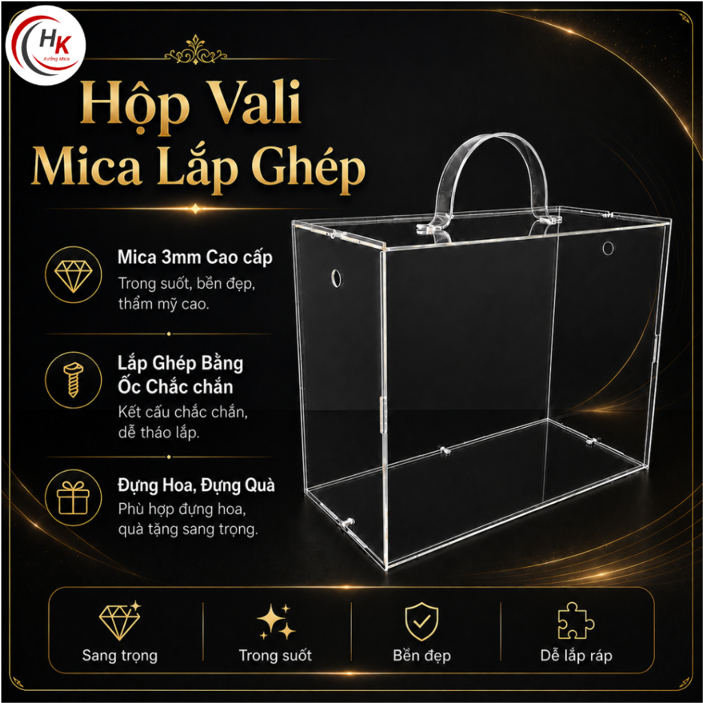 [TỰ LẮP GHÉP] Vali Mica Bày Hoa Quà Trong Suốt - Hộp Mika Trang Trí Hoa Quà Tết - Valy Meka Cao Cấp Hoa Sáp Quà Tặng