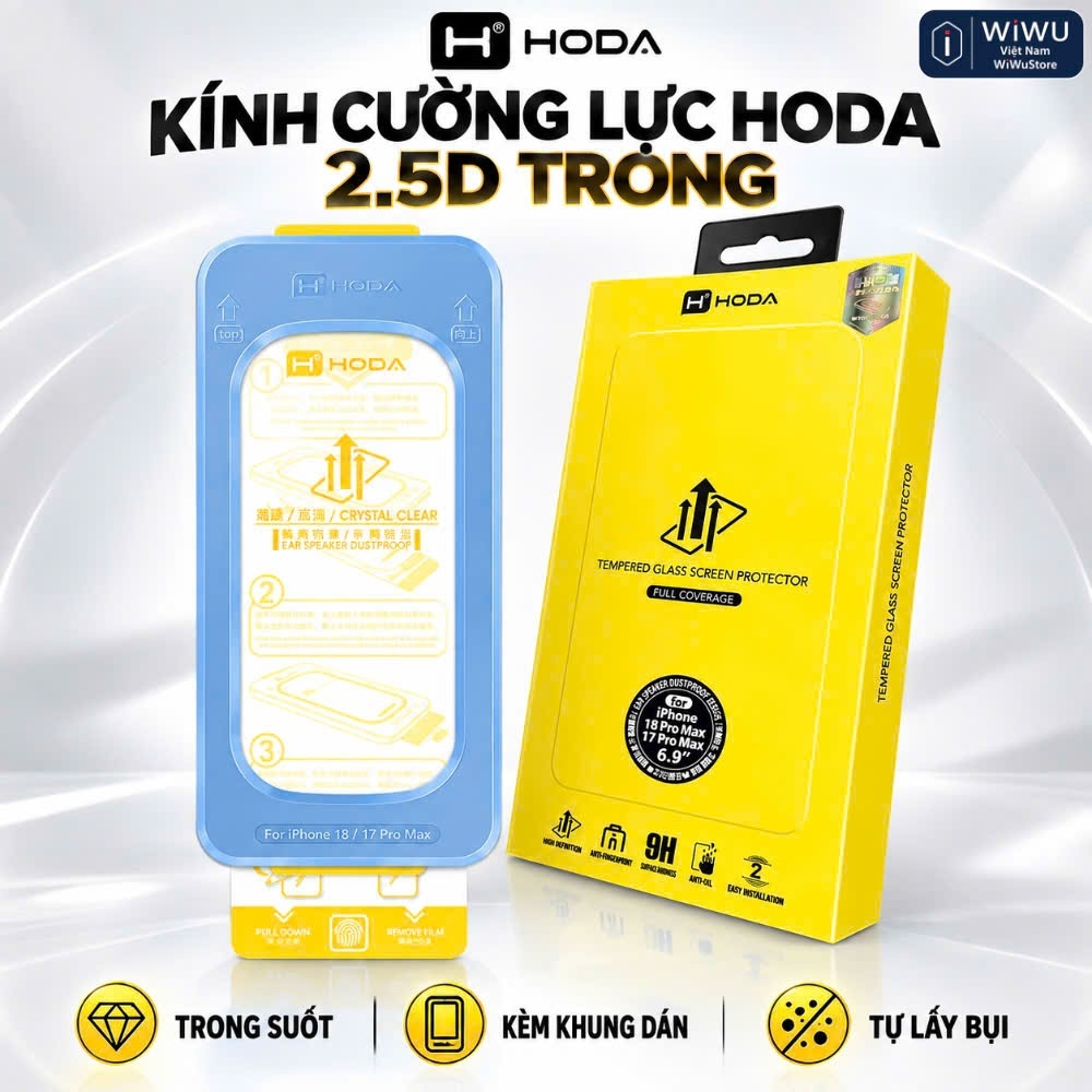 [KÍNH CƯỜNG LỰC] HODA Dust-Free 0.33mm tự lấy bụi IPhone 18 Pro Max ,17 Pro Max ,16 Pro,15 ProMax , 14 kèm khung trợ dán
