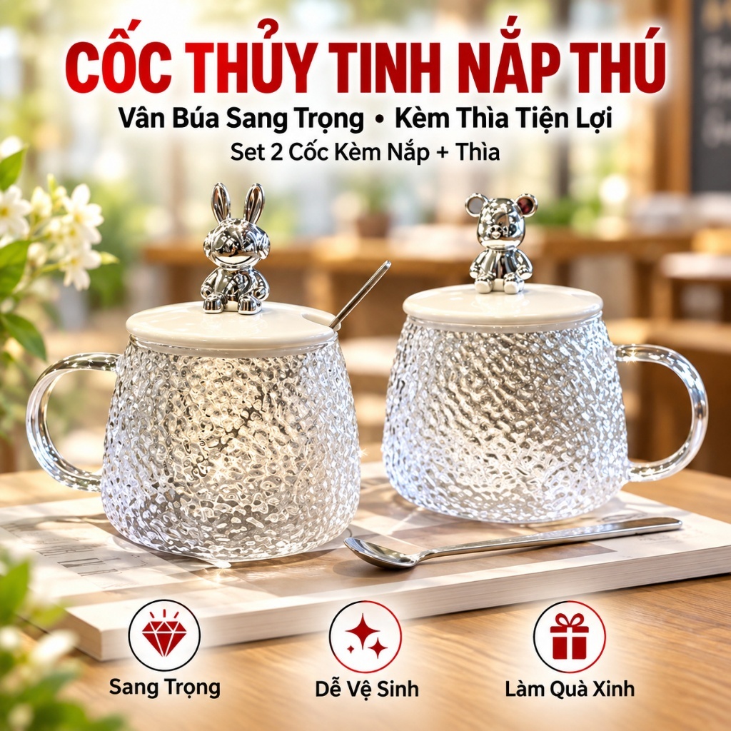 (COMBO 5 BỘ) Cốc Thủy Tinh Nắp Gấu Bear Chịu Nhiệt 500ml -Tặng Kèm Thìa, Ly Thủy Tinh Chiu Nhiệt Lên Tới 150 Độ