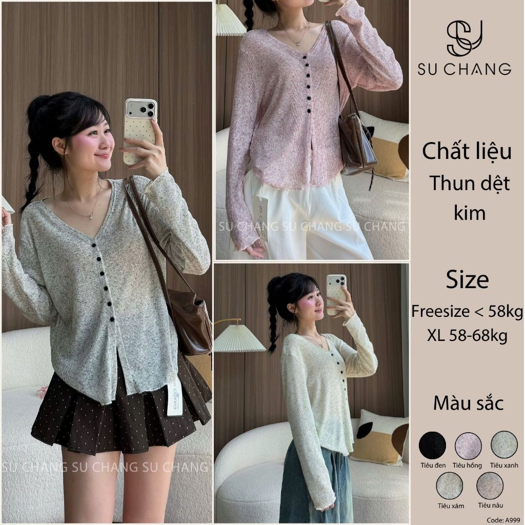 Áo Thun Cổ V Dệt Kim Tiêu Dài Tay Cúc Dọc A999 Su Chang Thời Trang Nữ