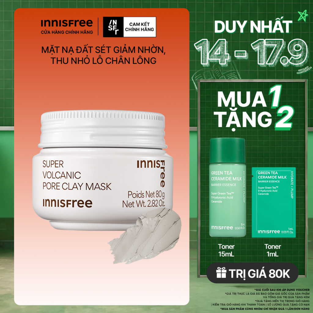 Siêu mặt nạ đất sét tro núi lửa giảm nhờn, thu nhỏ lỗ chân lông INNISFREE Super Volcanic Pore Clay Mask 80G
