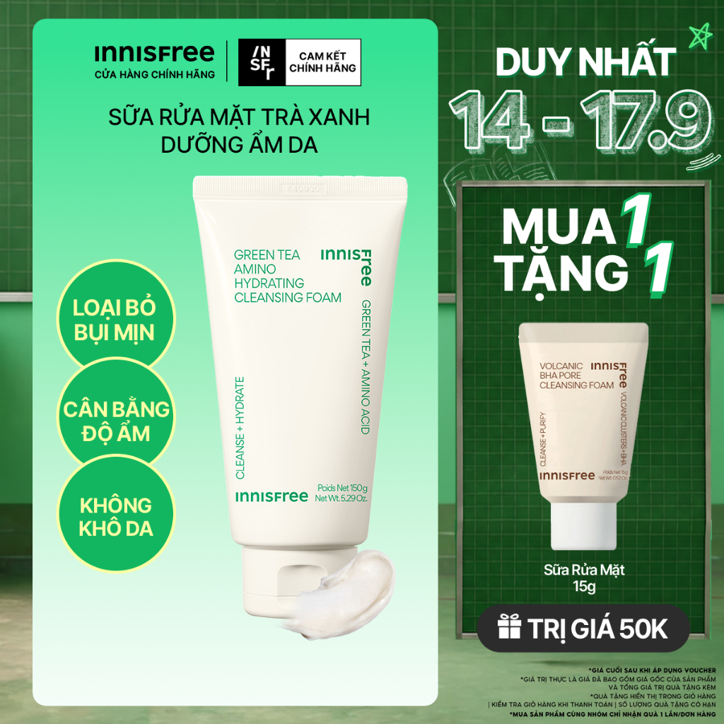 Sữa rửa mặt trà xanh sạch sâu ẩm mịn INNISFREE Green Tea Amino Cleansing Foam 150g