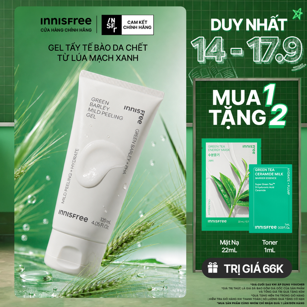 Gel tẩy tế bào da chết từ lúa mạch xanh innisfree Green Barley Mild Peeling Gel 120ml