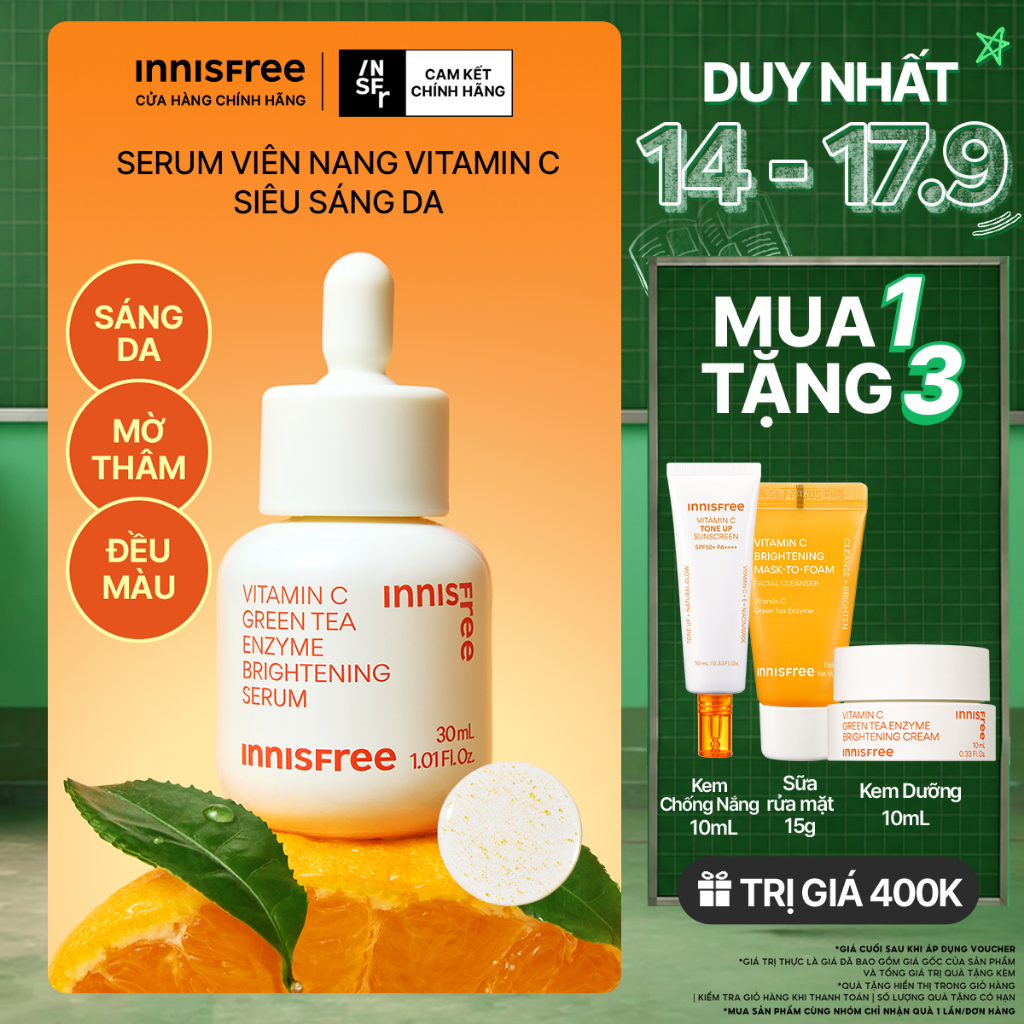 Serum Vitamin C sáng da, mờ thâm mụn INNISFREE Green Tea Enzyme Brightening Serum 30ml