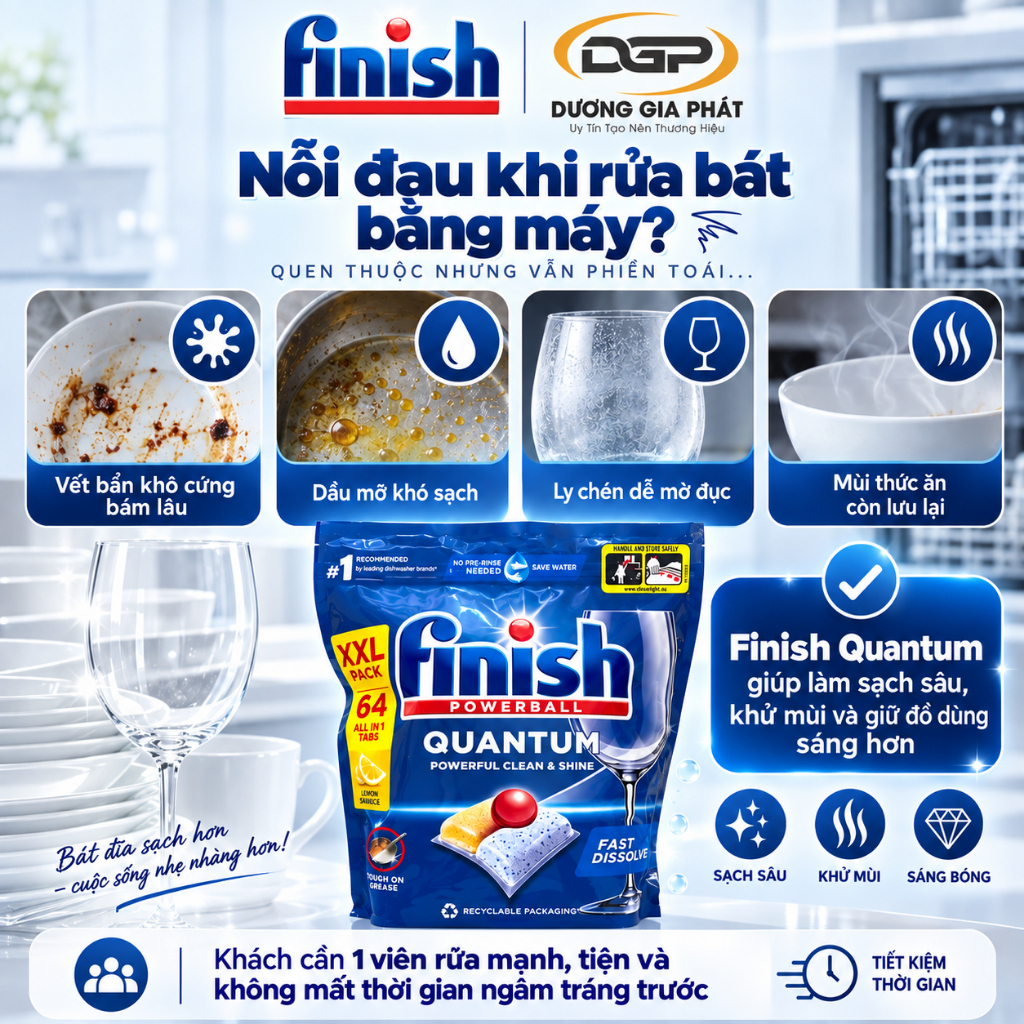 Viên Rửa Bát Finish Quantum All in1 Túi 64 Viên Làm Sạch Dầu Mỡ Cho Máy Rửa Bát Sạch Sâu & Bóng Sáng - Bếp Dương Gia | BigBuy360 - bigbuy360.vn