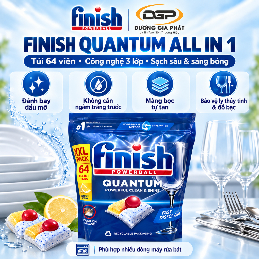 Viên Rửa Bát Finish Quantum All in1 Túi 64 Viên Làm Sạch Dầu Mỡ Cho Máy Rửa Bát Sạch Sâu & Bóng Sáng - Bếp Dương Gia | BigBuy360 - bigbuy360.vn