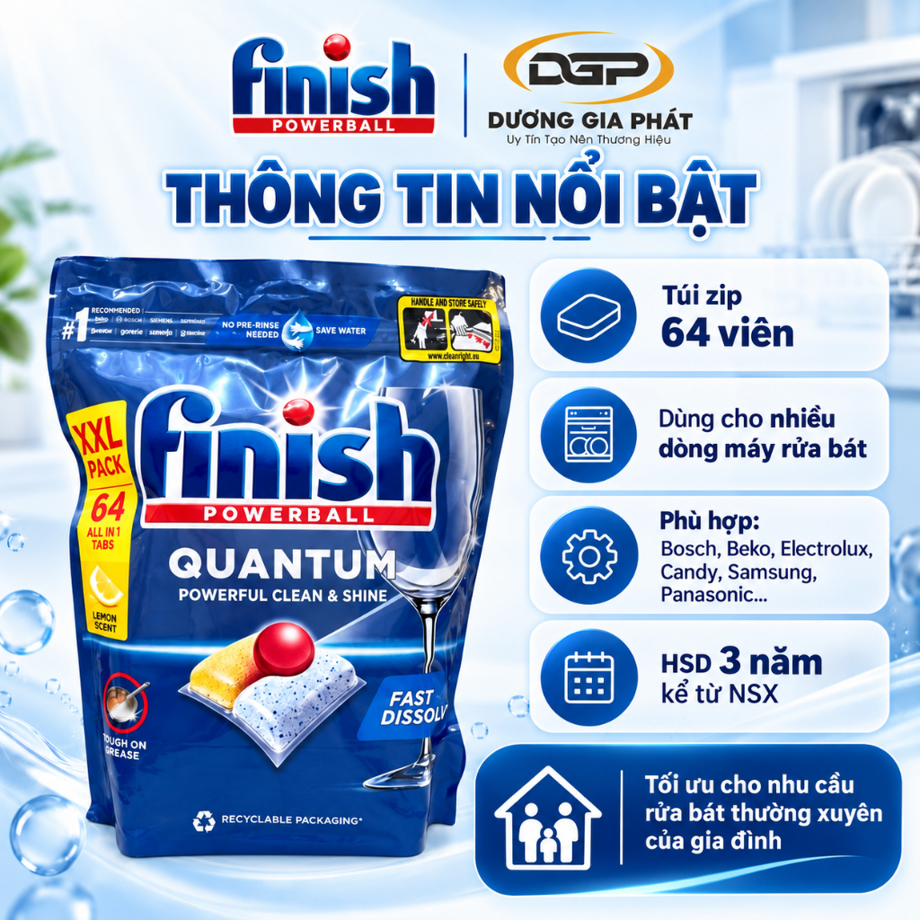 Viên Rửa Bát Finish Quantum All in1 Túi 64 Viên Làm Sạch Dầu Mỡ Cho Máy Rửa Bát Sạch Sâu & Bóng Sáng - Bếp Dương Gia | BigBuy360 - bigbuy360.vn