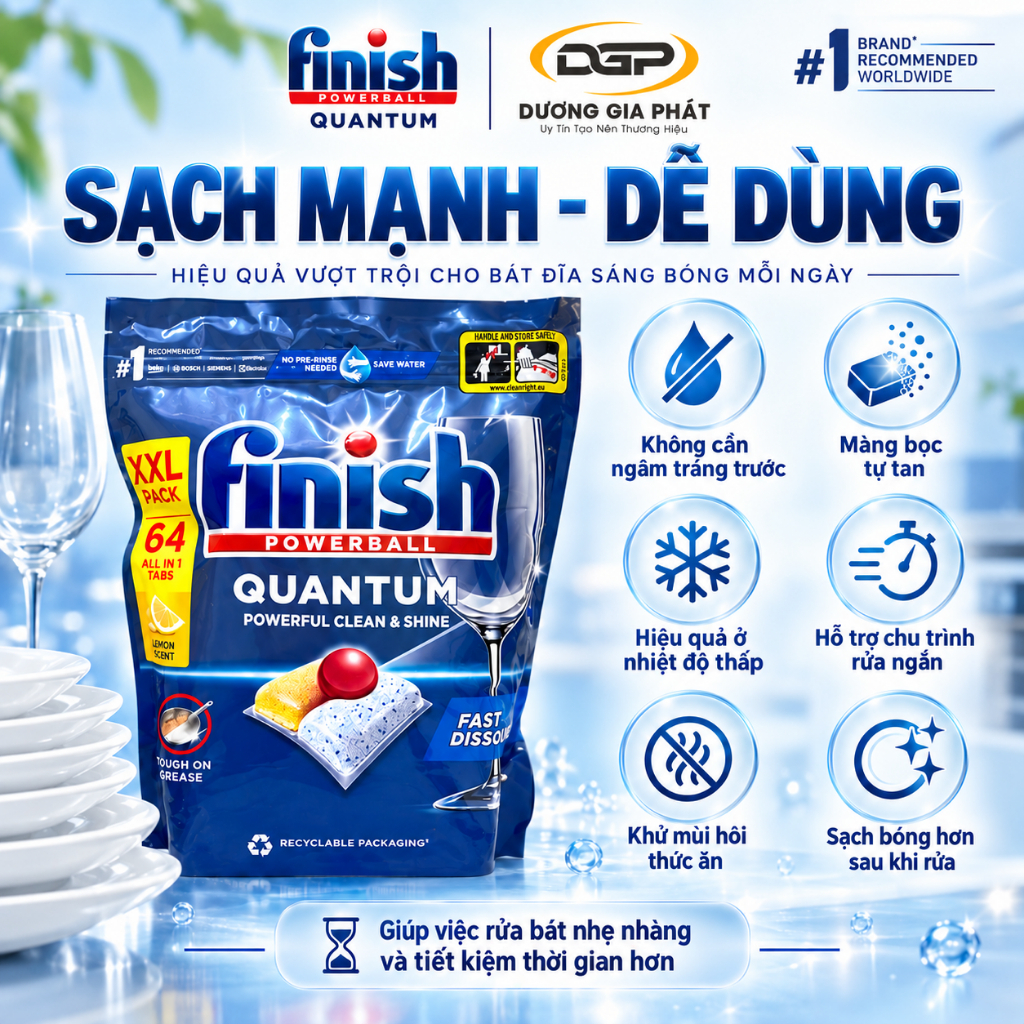 Viên Rửa Bát Finish Quantum All in1 Túi 64 Viên Làm Sạch Dầu Mỡ Cho Máy Rửa Bát Sạch Sâu & Bóng Sáng - Bếp Dương Gia | BigBuy360 - bigbuy360.vn