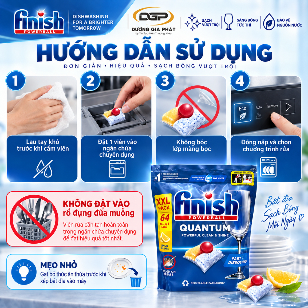 Viên Rửa Bát Finish Quantum All in1 Túi 64 Viên Làm Sạch Dầu Mỡ Cho Máy Rửa Bát Sạch Sâu & Bóng Sáng - Bếp Dương Gia | BigBuy360 - bigbuy360.vn