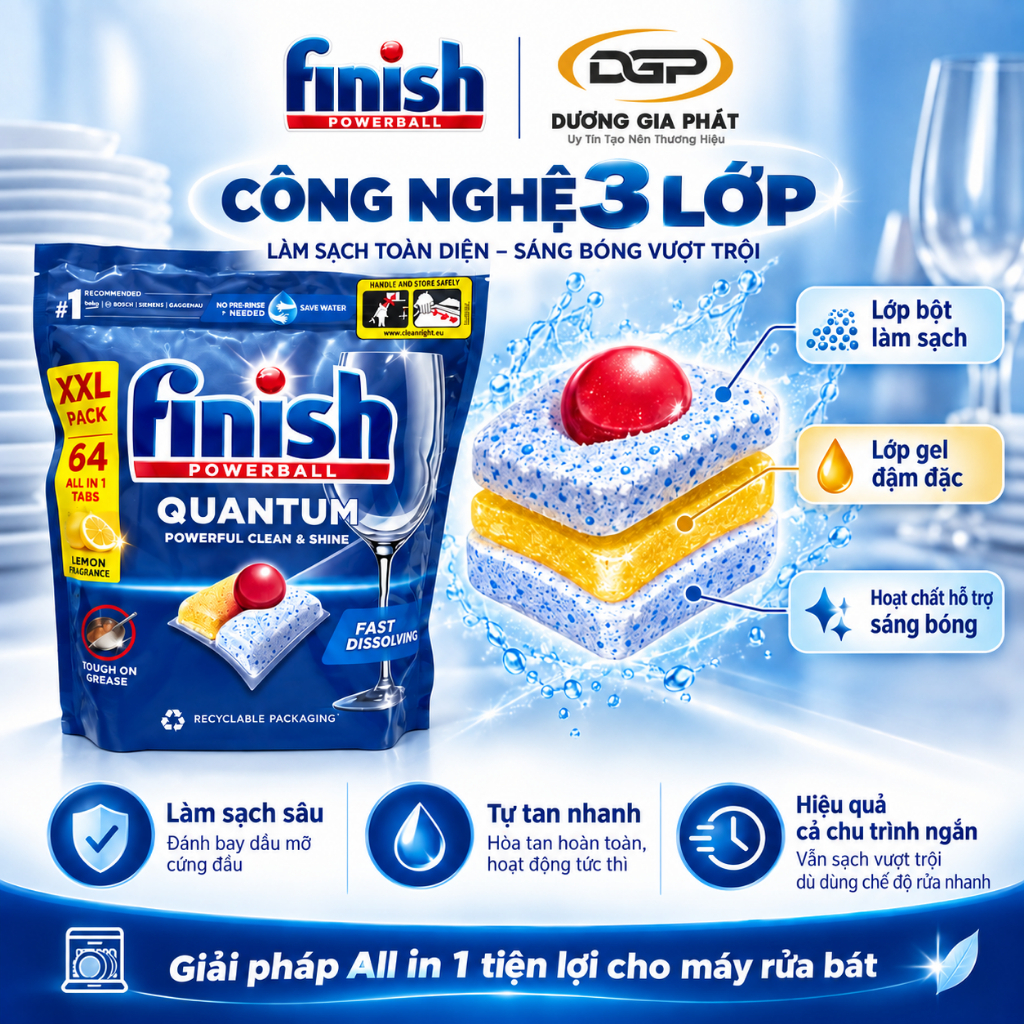 Viên Rửa Bát Finish Quantum All in1 Túi 64 Viên Làm Sạch Dầu Mỡ Cho Máy Rửa Bát Sạch Sâu & Bóng Sáng - Bếp Dương Gia | BigBuy360 - bigbuy360.vn