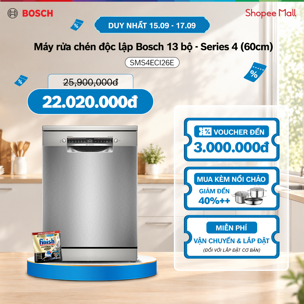 15.09 - 17.09 | Voucher Shopee lên đến 3tr | Máy rửa chén độc lập Bosch 13 bộ SMS4ECI26E - Series 4 (60cm)