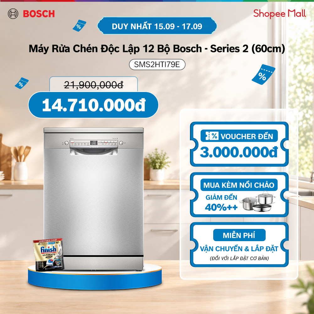 15.09 - 17.09 | Voucher Shopee lên đến 3tr | Máy Rửa Chén Độc Lập 12 Bộ Bosch SMS2HTI79E - Series 2 (60cm)