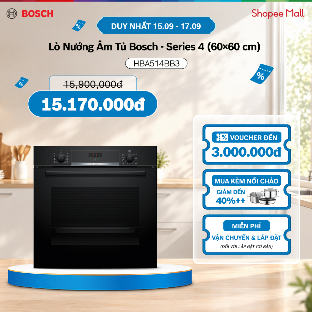 DUY NHẤT 23.09 | Voucher Shopee lên đến 3tr | Lò Nướng Âm Tủ Bosch HBA514BB3 – Series 4 (60×60 cm) – Màu Đen ()