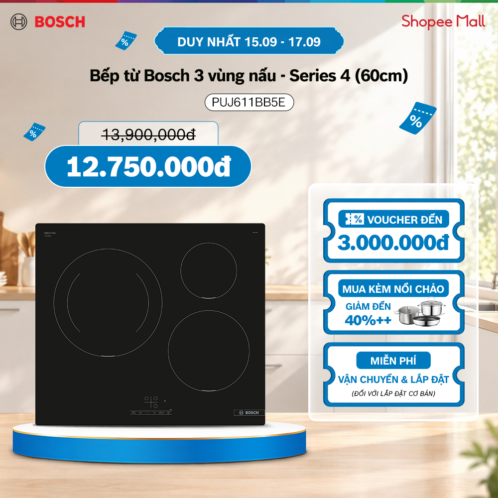 Bếp từ Bosch 3 vùng nấu PUJ611BB5E -Series 4 (60cm) - Hàng chính hãng