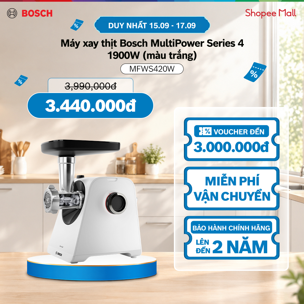 15.09 - 17.09 | Voucher Shopee lên đến 3tr | Máy xay thịt Bosch MFWS420W MultiPower Series 4 (1900W, màu trắng)