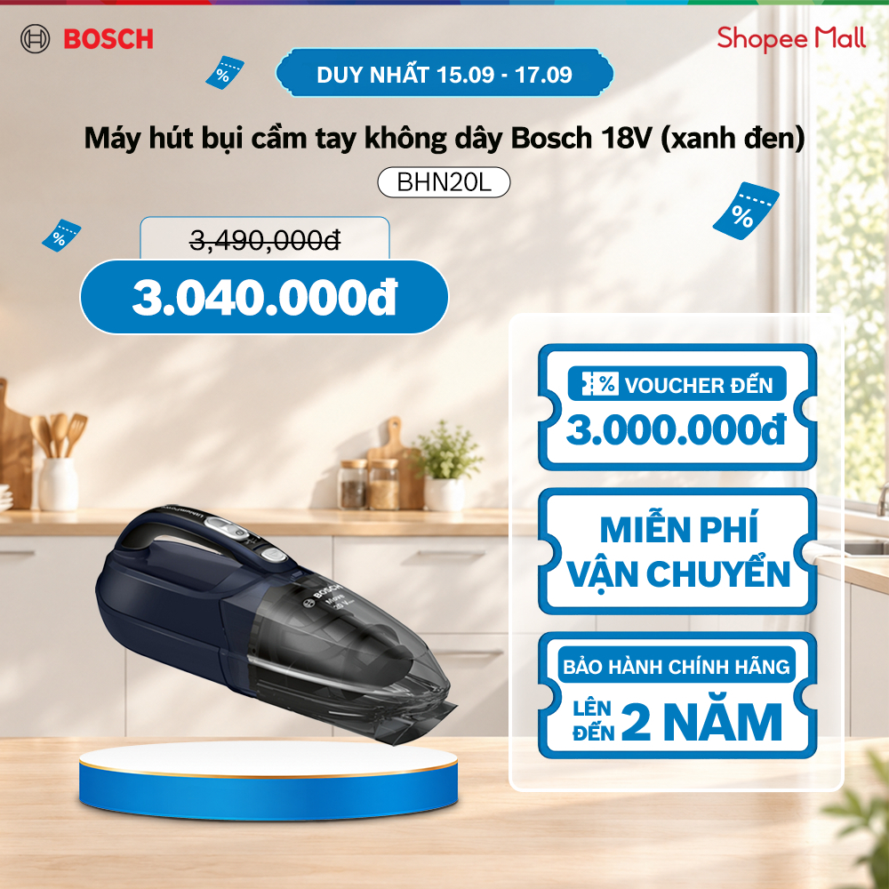 15.09 - 17.09 | Voucher Shopee lên đến 3tr | Máy hút bụi cầm tay không dây Bosch BHN20L 18V (xanh đen) - Hàng chính hãng