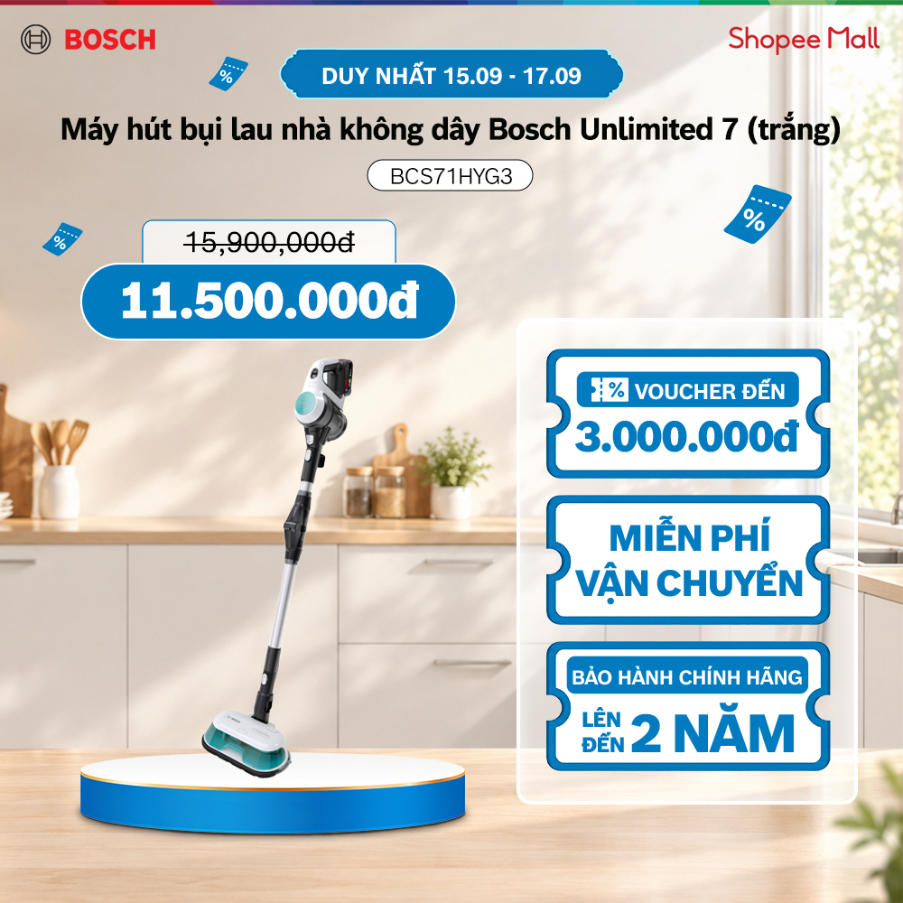 15.09 - 17.09 | Voucher Shopee lên đến 3tr | Máy hút bụi lau nhà không dây 2 in 1 Bosch BCS71HYG3 ProHygienic (trắng)